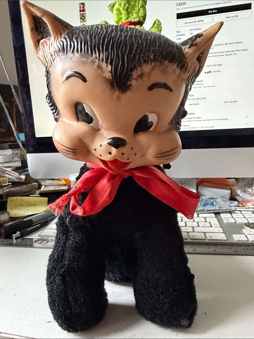 Vintage A PULLAN Doll: Plush Black Cat with Red Bow - Cute Collectible Cat Plush